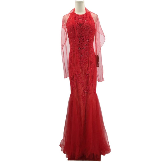 ASPEED SZ L red illusion sweetheart embroidered beaded lace gown dress NWT B163 - Picture 4 of 10